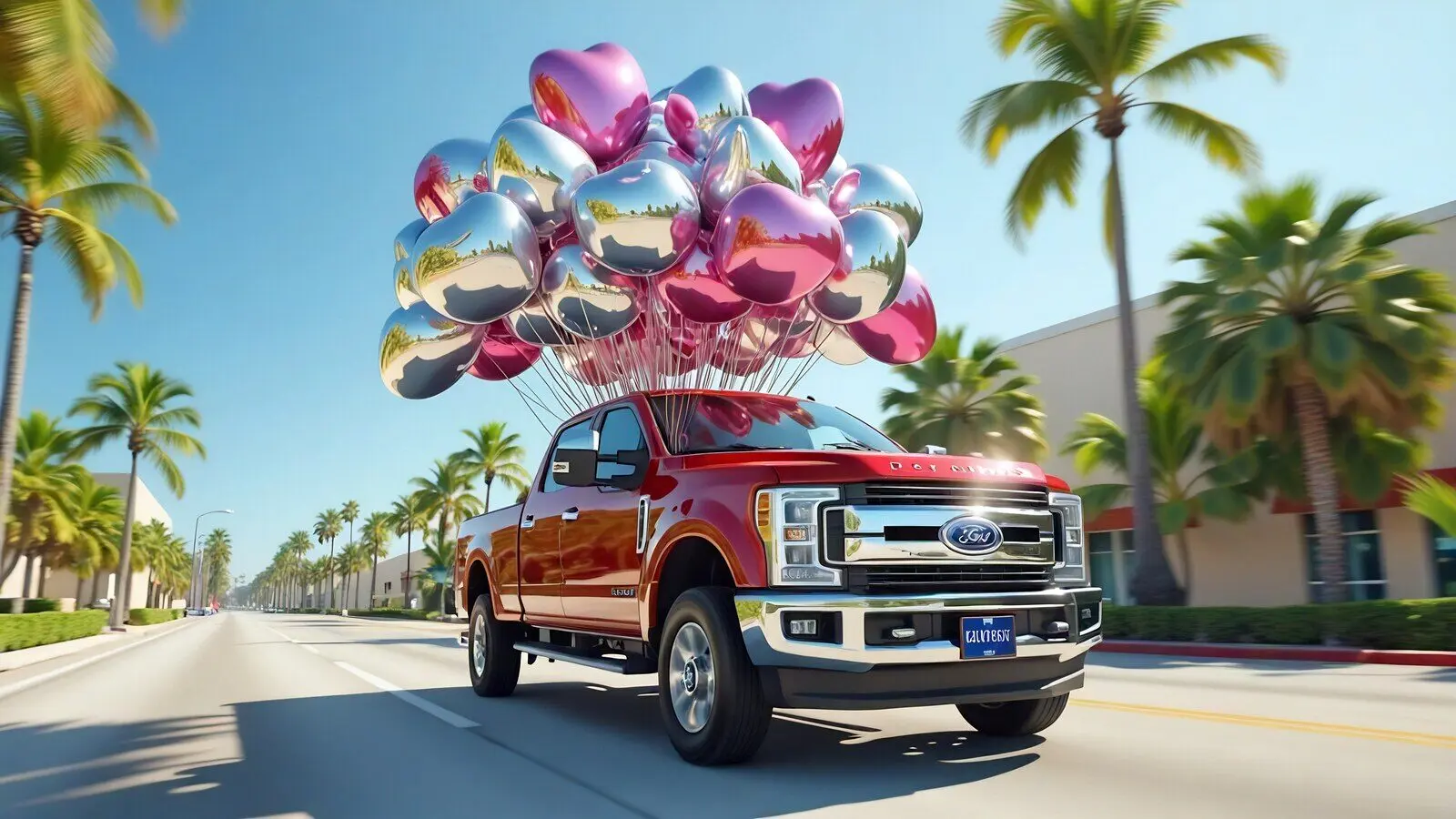 Ford pickup driving through Miami with mirror helium balloons for balloon delivery