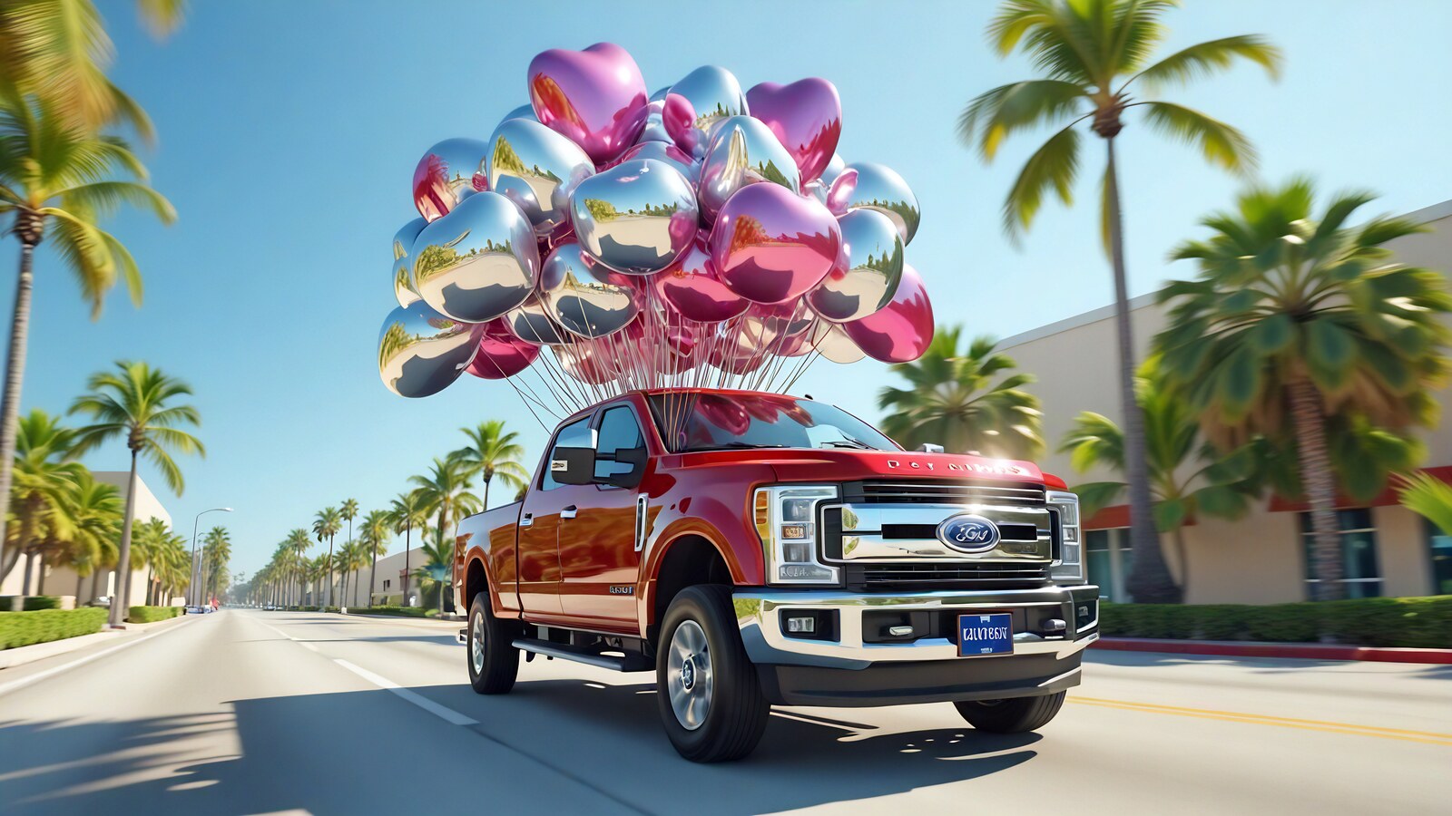 Ford pickup driving through Miami with mirror helium balloons for balloon delivery