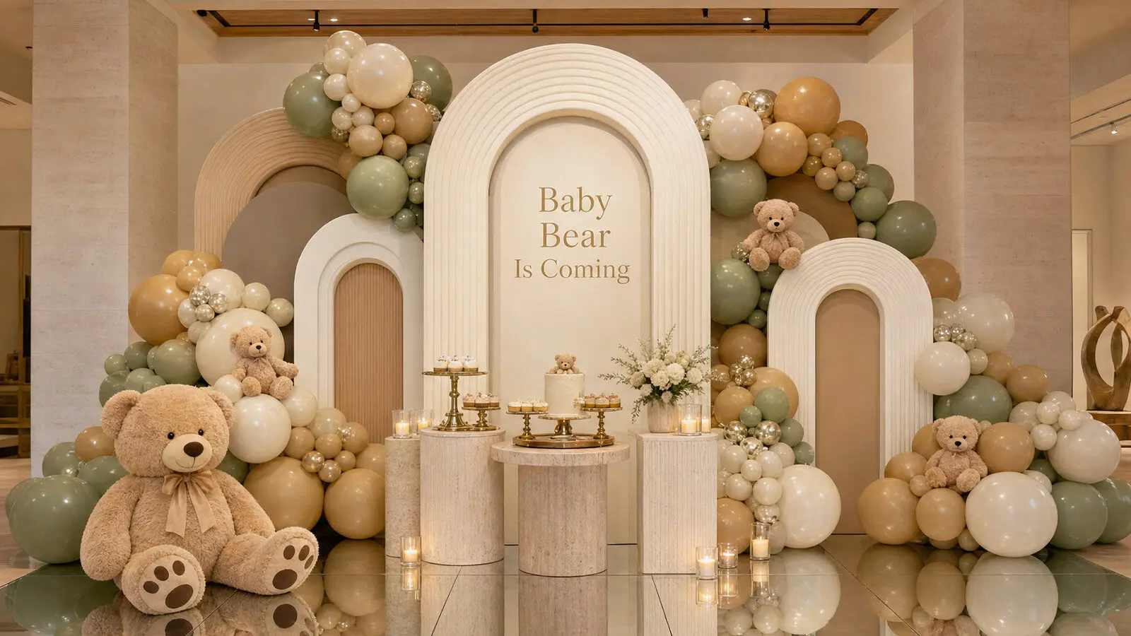 Luxury teddy bear baby shower balloon backdrop with 3D arches and mirrored floor