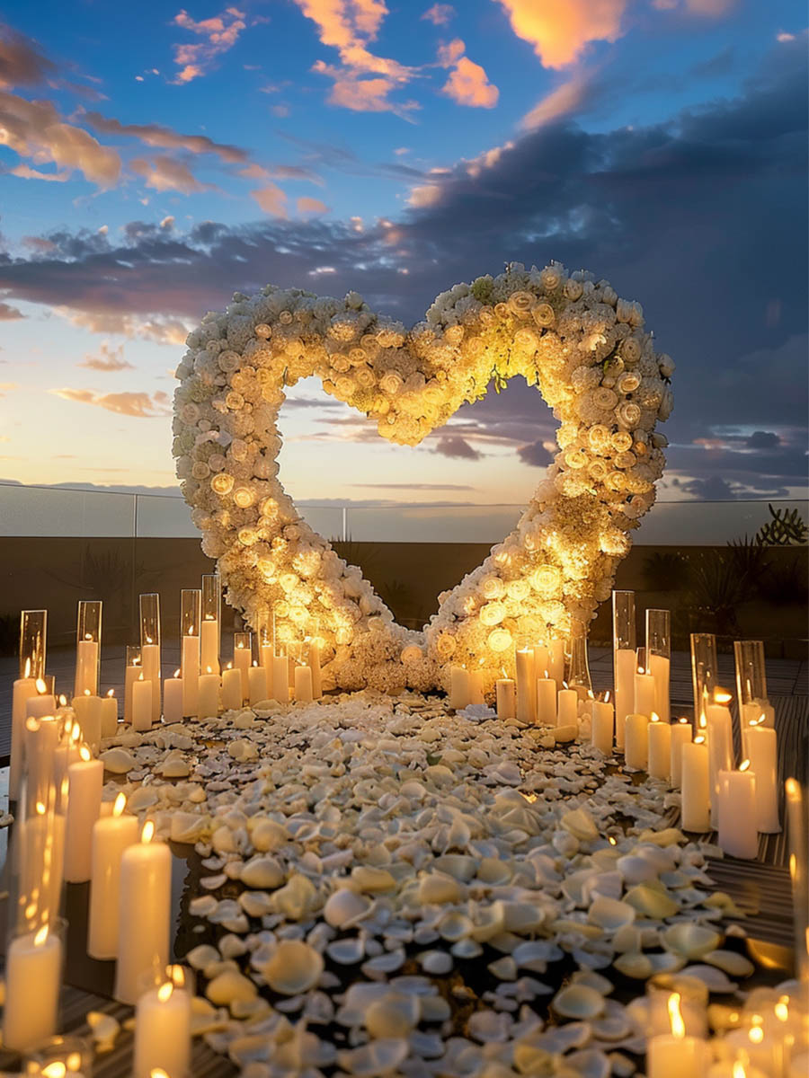 Sunset Beach Proposal with White Flower Heart Arch