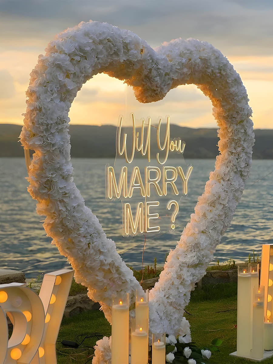 Lakeside Proposal with White Floral Heart Arch