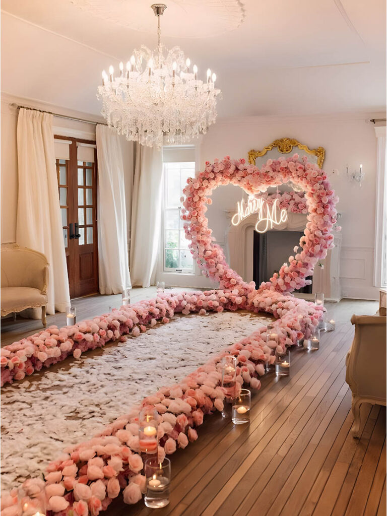 Indoor Pink Marriage Proposal Setup