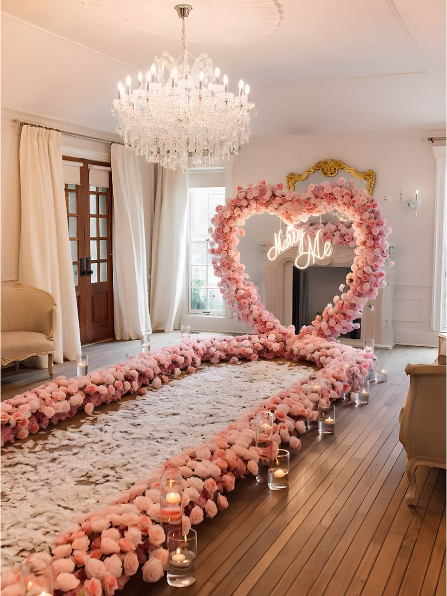 Indoor Pink Marriage Proposal Setup