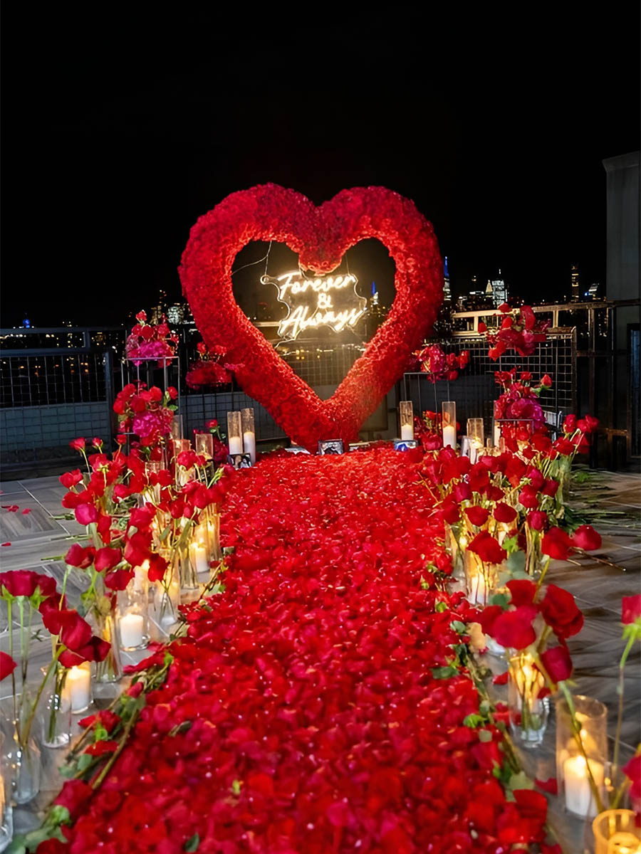 Night Beach Proposal with Red Rose Heart Arch
