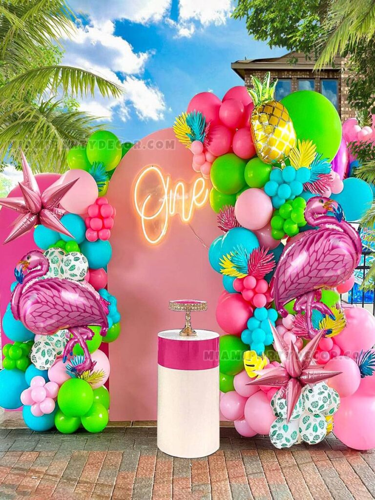 Tropical Miami Vice Balloon Backdrop with Flamingos