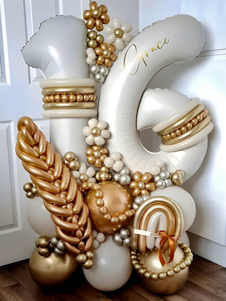 White and Gold Sweet 16 Balloon Bouquet