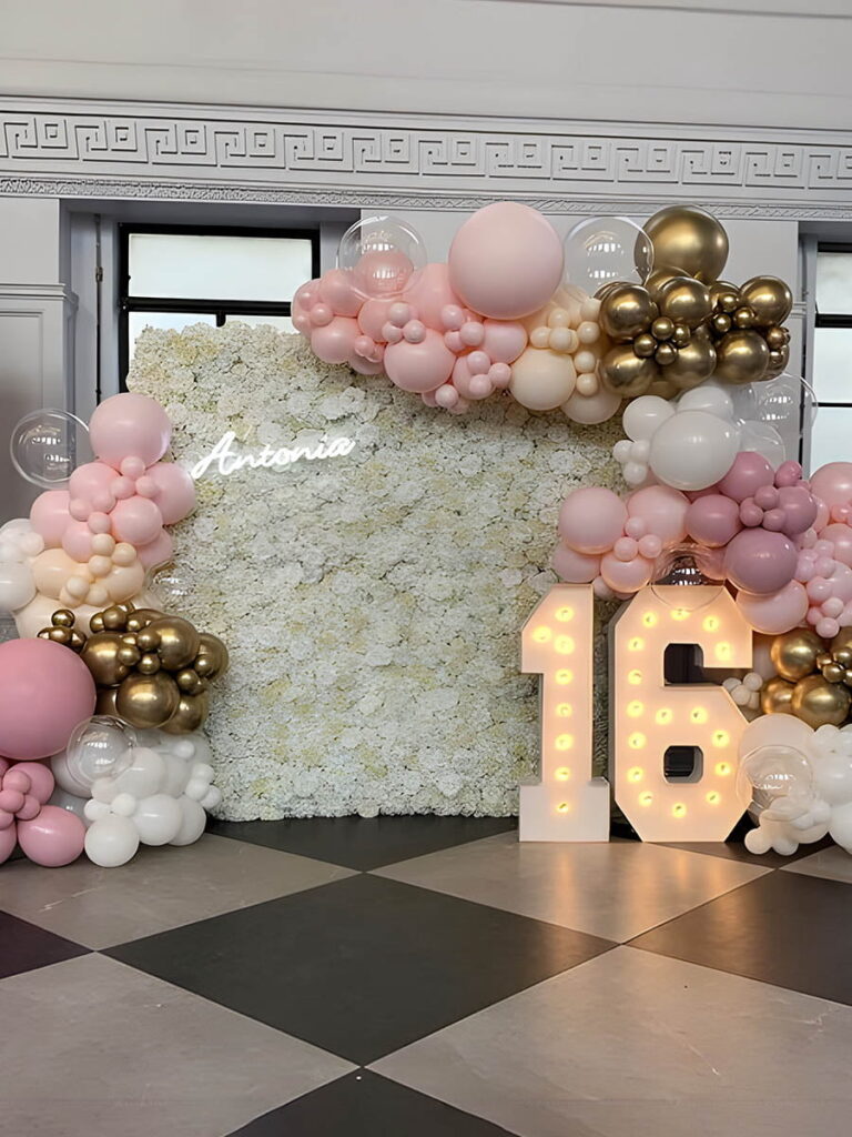 White Floral Sweet 16 Party Backdrop