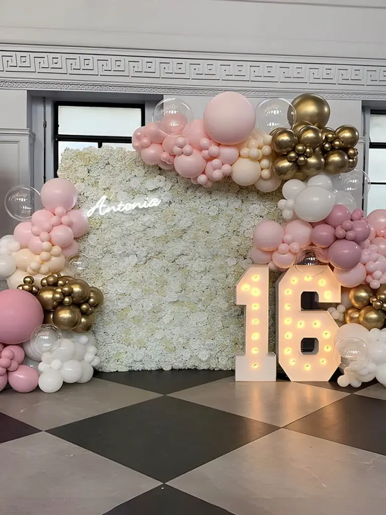 White Floral Sweet 16 Party Backdrop