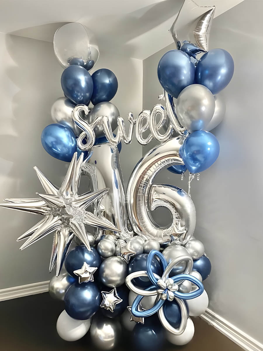 Blue and Silver Sweet 16 Balloon Bouquet
