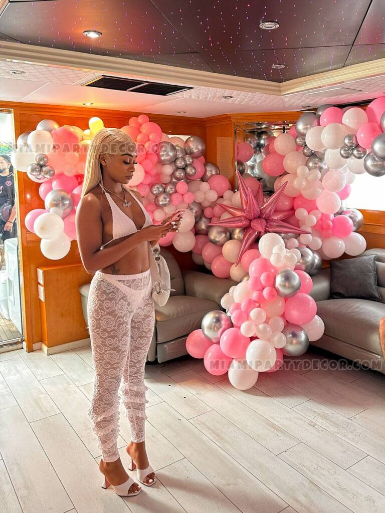 Pink and Silver Balloon Backdrop for Luxurious Yacht Events