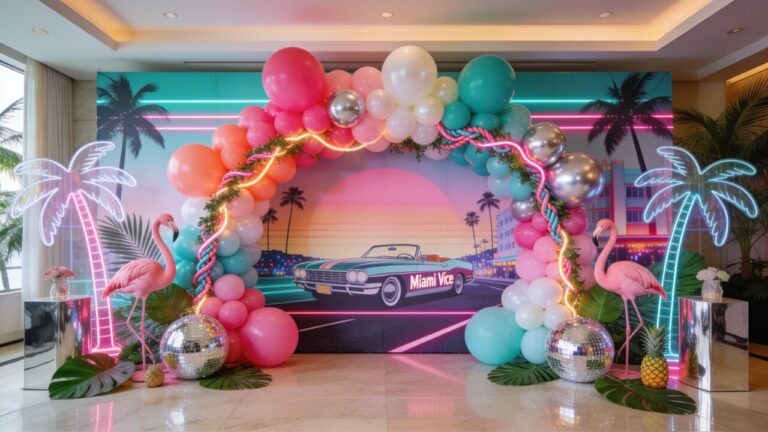 Miami Vice party decorations hero image with neon backdrop, balloons, flamingos, and tropical props