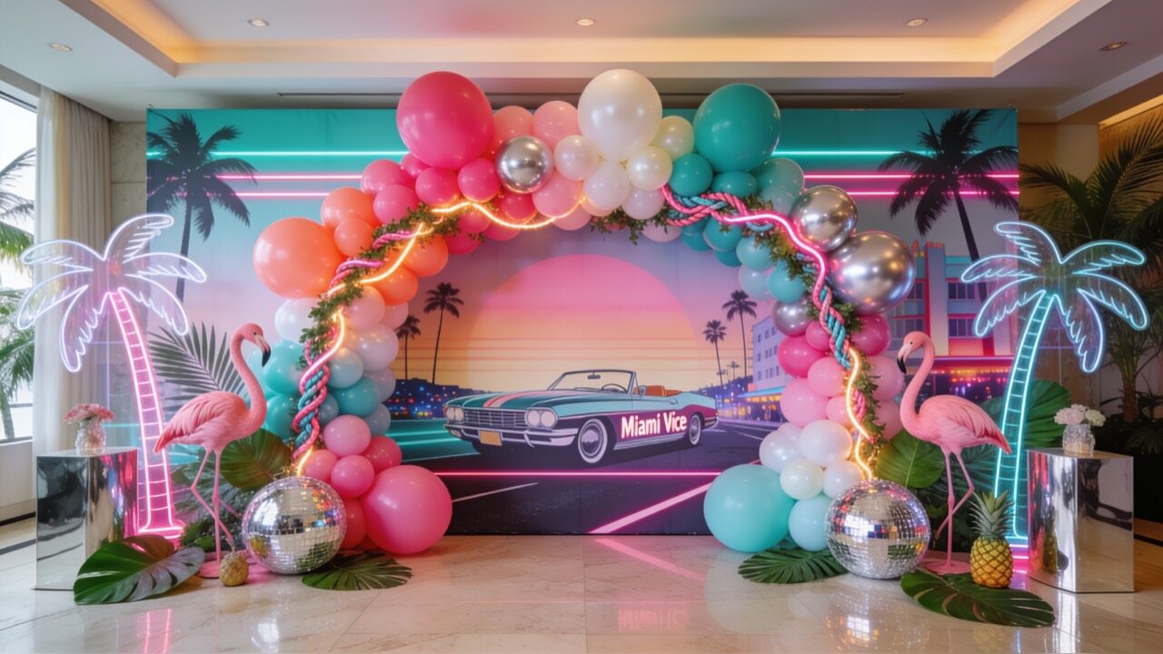 Miami Vice party decorations hero image with neon backdrop, balloons, flamingos, and tropical props