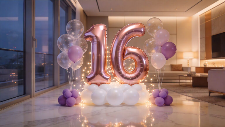 Sweet 16 birthday balloons hero image with rose gold number balloons in a VIP apartment setting