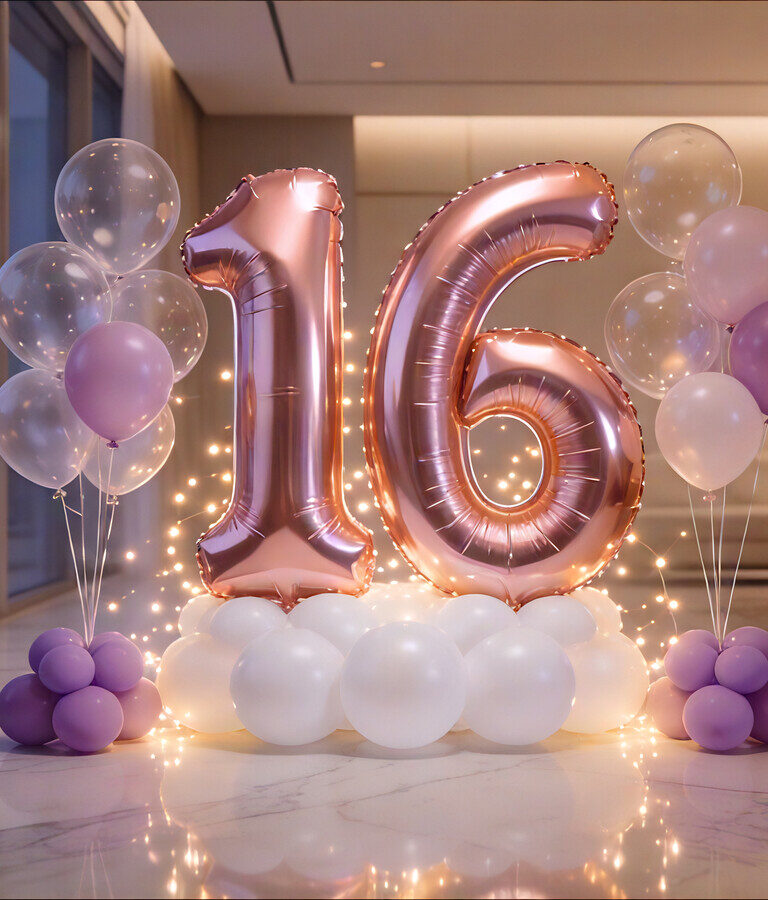 Sweet 16 birthday balloons hero image with rose gold number balloons in a VIP apartment setting