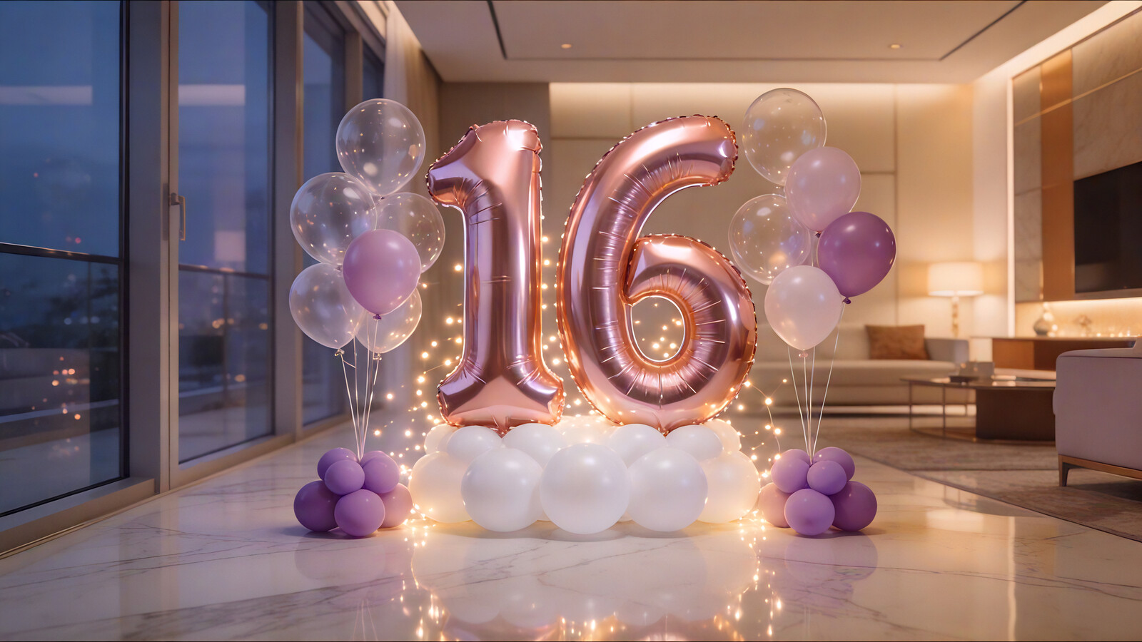 Sweet 16 birthday balloons hero image with rose gold number balloons in a VIP apartment setting