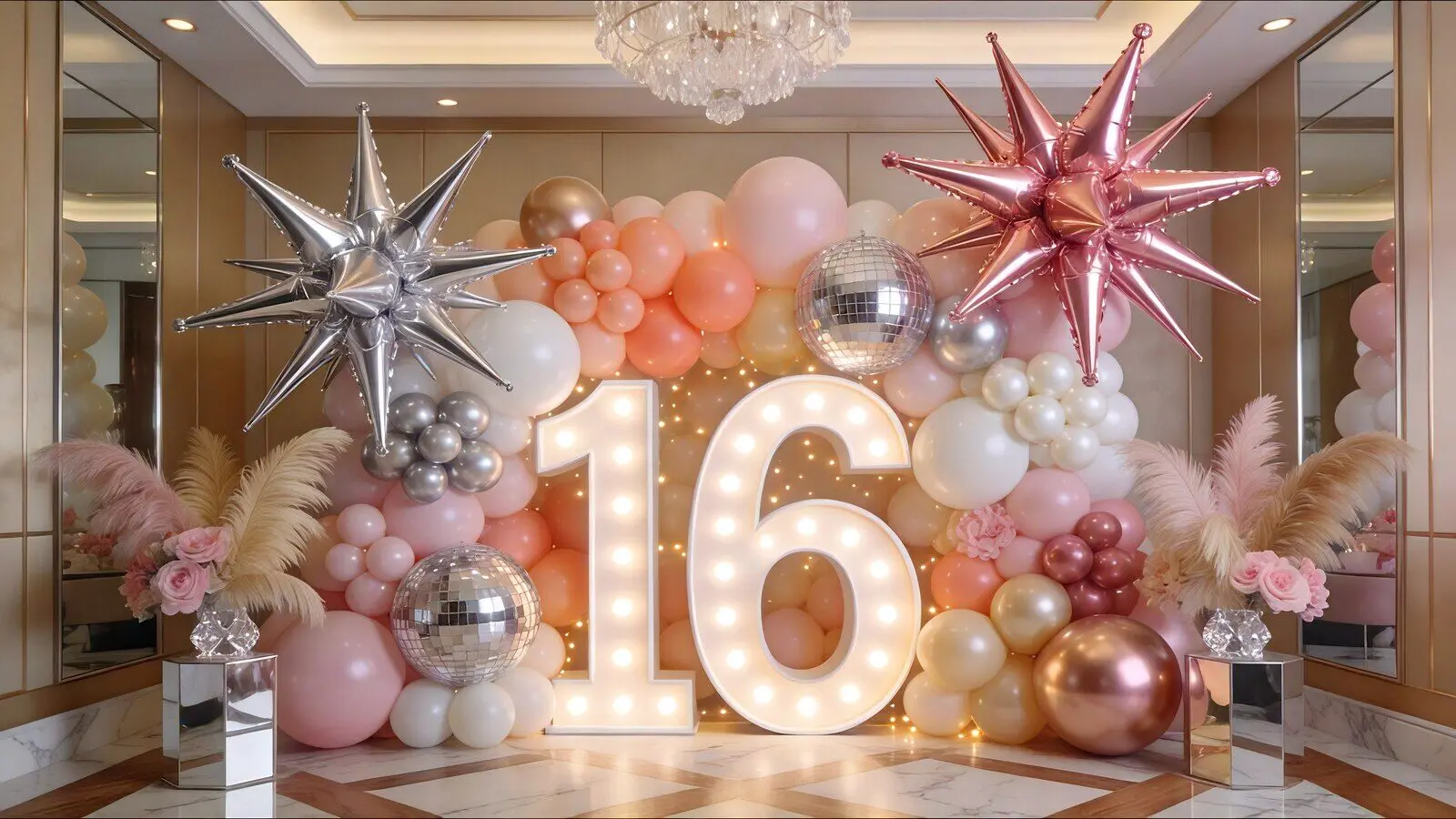 Sweet 16 decor ideas hero image with marquee 16, pink balloons, starburst foils, and VIP party styling