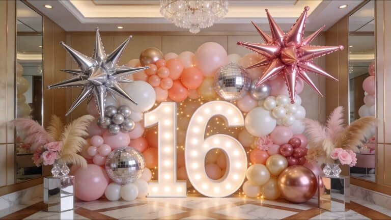 Sweet 16 decor ideas hero image with marquee 16, pink balloons, starburst foils, and VIP party styling