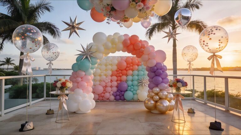 Top 30 balloon decorating ideas hero image with pastel balloon wall, clear balloons, and Miami waterfront sunset