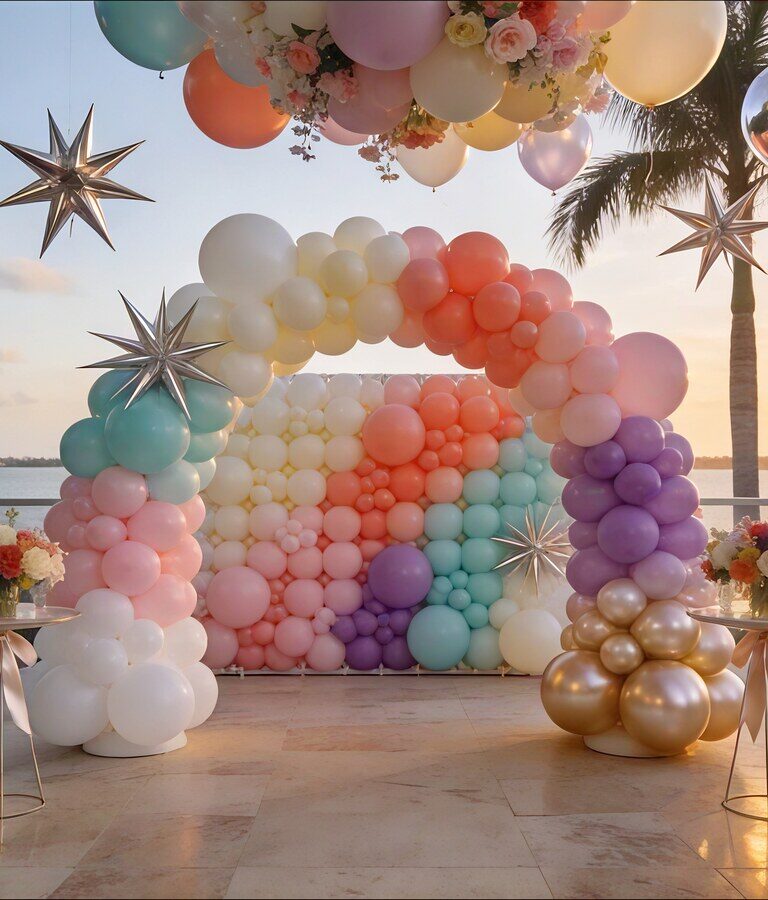 Top 30 balloon decorating ideas hero image with pastel balloon wall, clear balloons, and Miami waterfront sunset