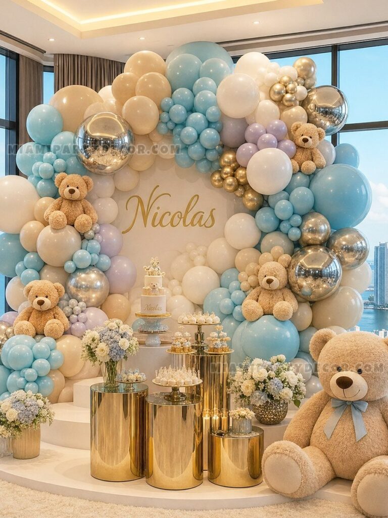 Round Blue Teddy Bear Dessert Setup - Miami Party Decor