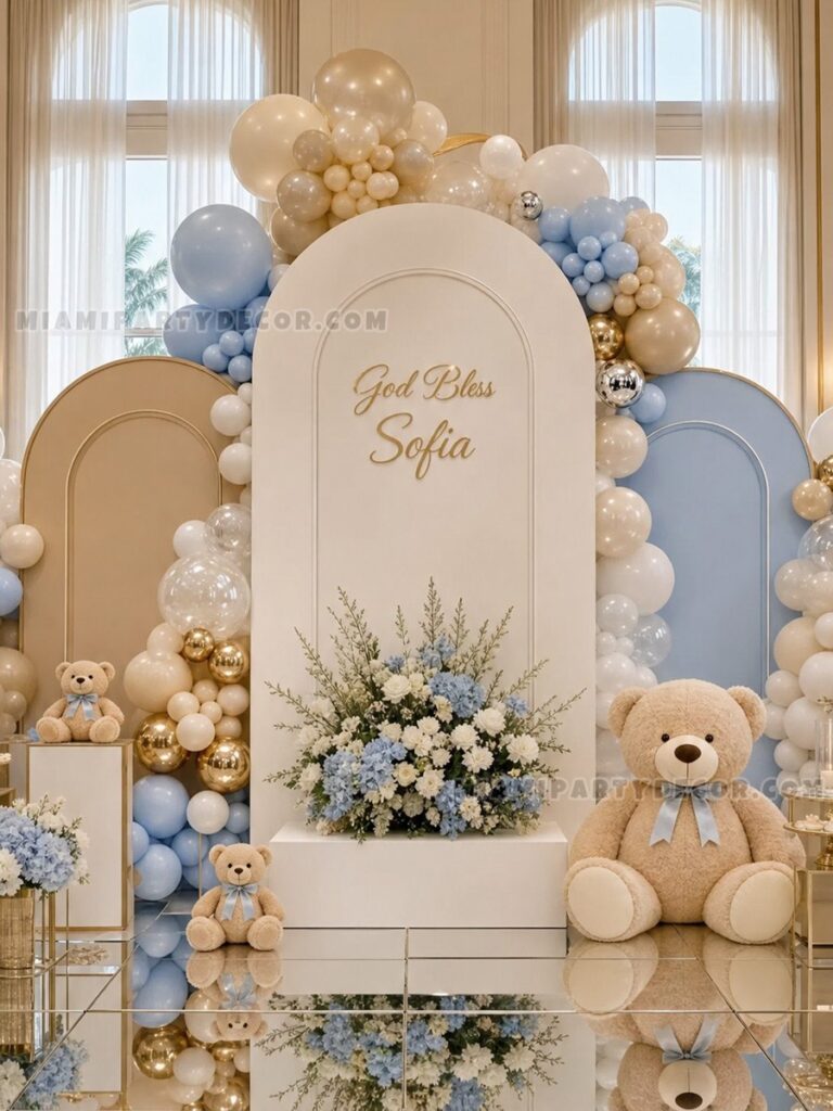 Pastel Arch Christening Bear Backdrop - Miami Party Decor