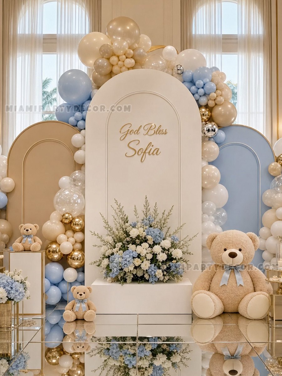 Pastel Arch Christening Bear Backdrop - Miami Party Decor
