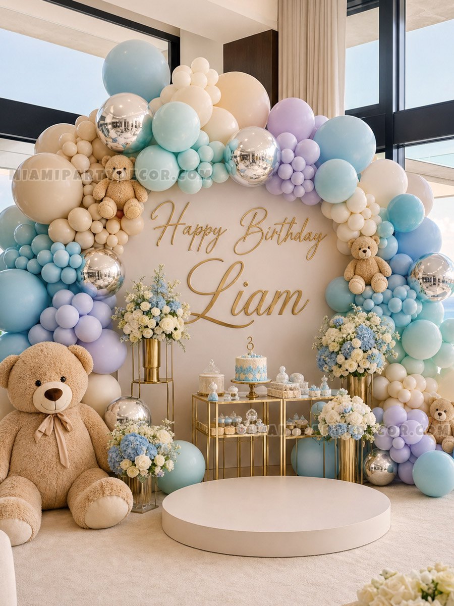 Happy Birthday Teddy Bear Backdrop - Miami Party Decor