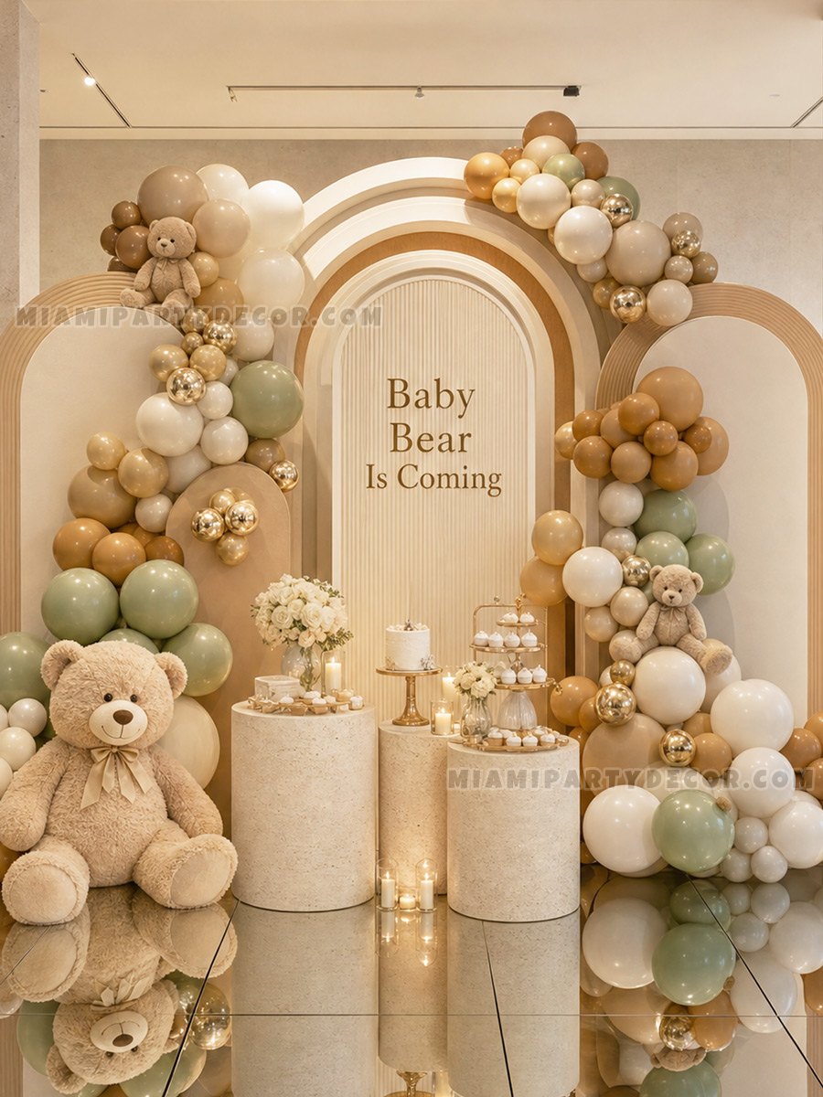 Layered Neutral Teddy Bear Backdrop - Miami Party Decor