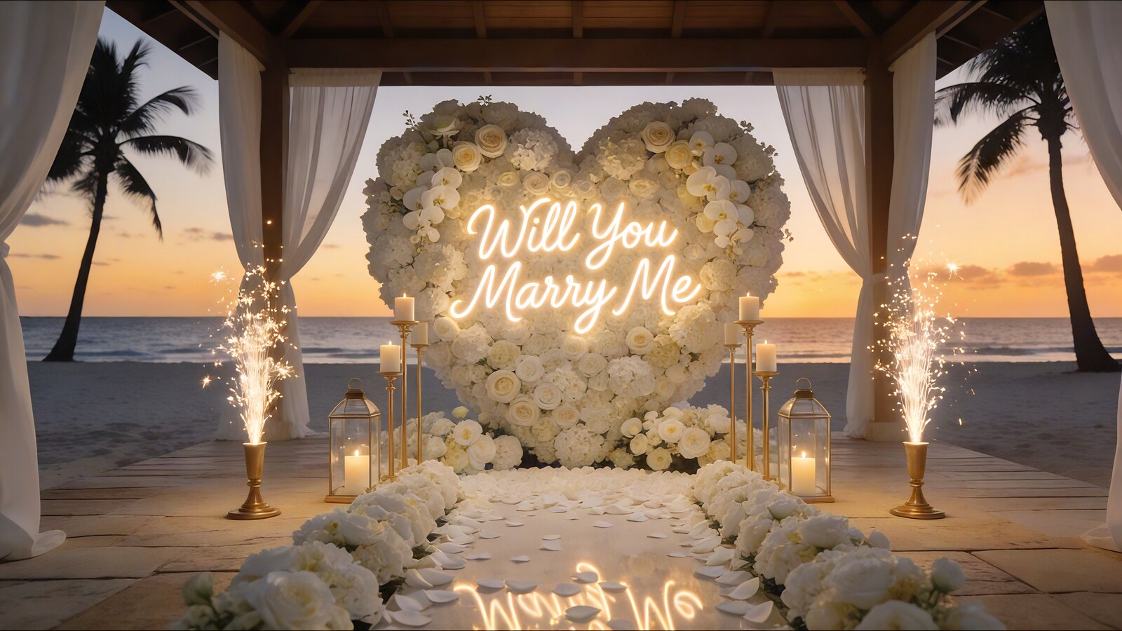 White flower heart arch proposal hero image with ocean pavilion, neon marry me sign, candles, and white floral aisle