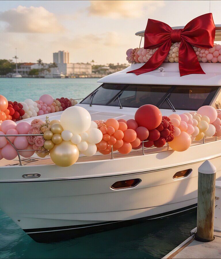 Yacht party theme ideas dock hero image with decorated yacht and organic balloons