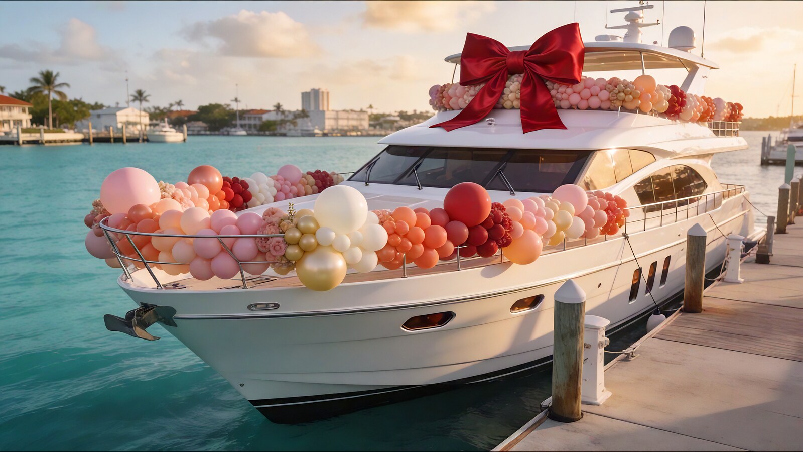 Yacht party theme ideas dock hero image with decorated yacht and organic balloons