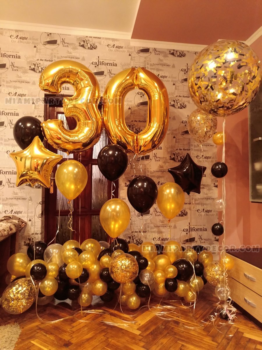 Gold And Black Thirtieth-Birthday Balloon Arrangement