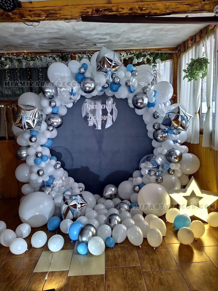 Silver, White, And Blue Circular Balloon Backdrop