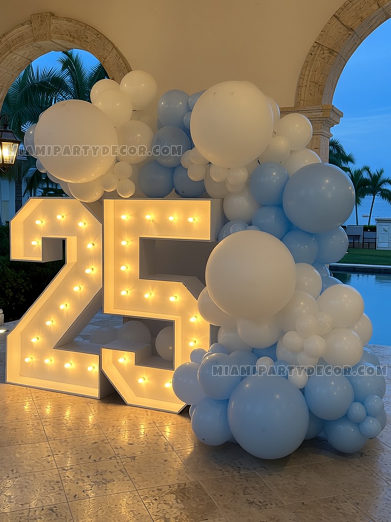 25 Marquee Number Setup with Blue and White Balloon Garland gallery image 2