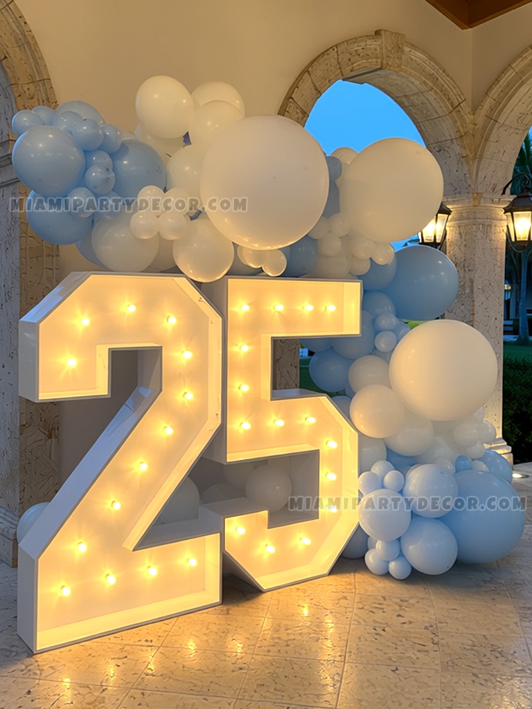 25 Marquee Number Setup with Blue and White Balloon Garland gallery image 3