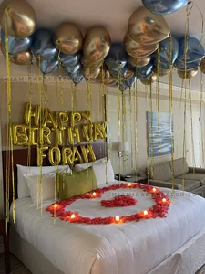 Birthday Room Balloon Decor with Rose Petals gallery image 2
