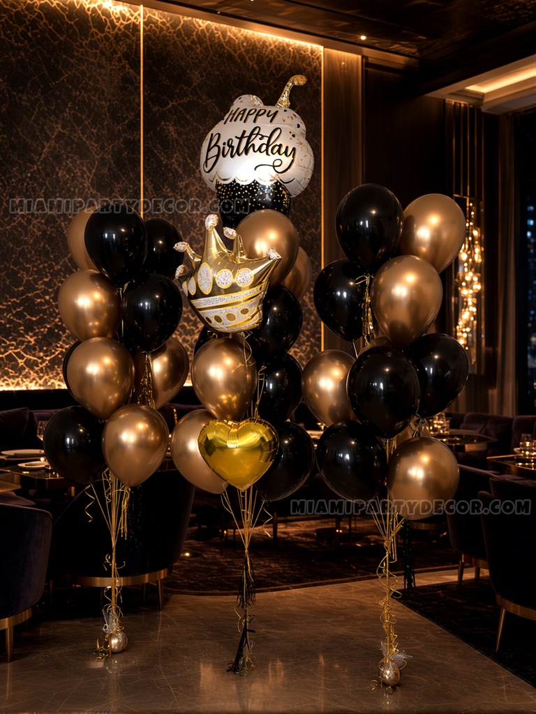 Black and Gold Birthday Balloon Bouquet Setup gallery image 2