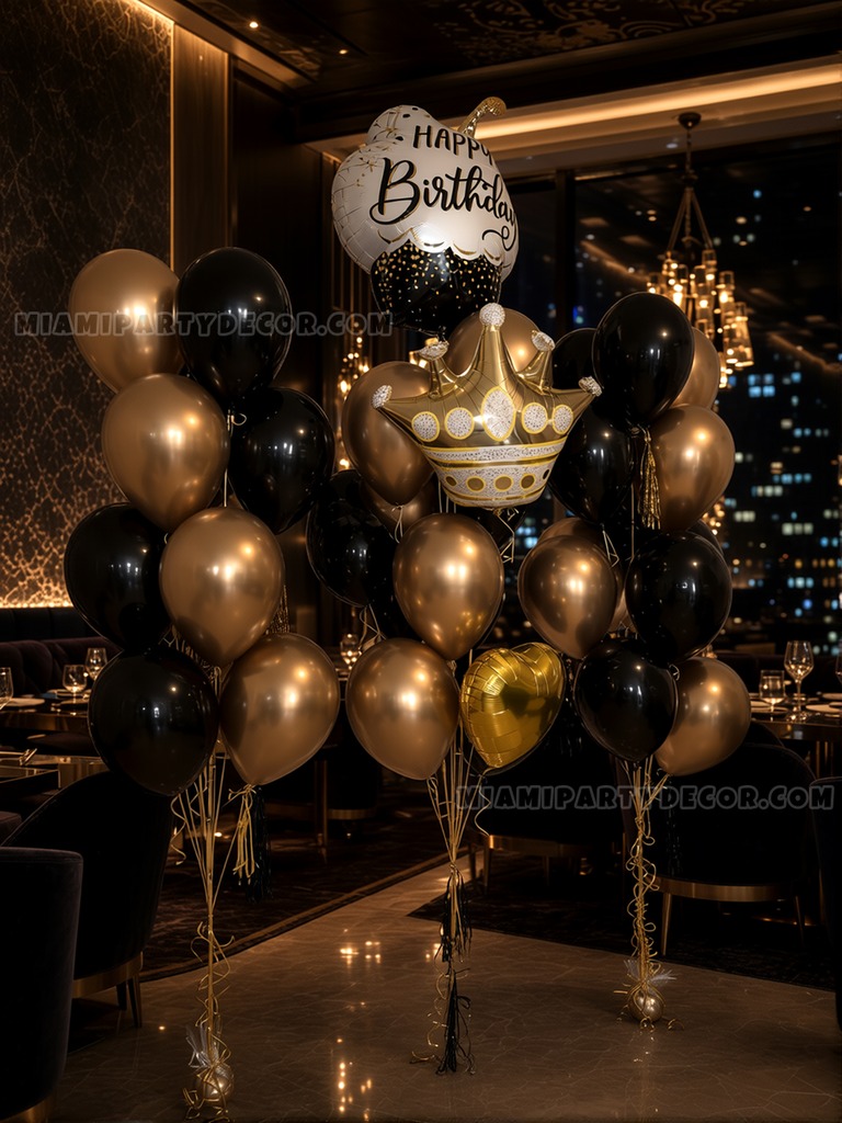 Black and Gold Birthday Balloon Bouquet Setup gallery image 3