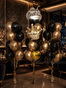 Black and Gold Birthday Balloon Bouquet Setup