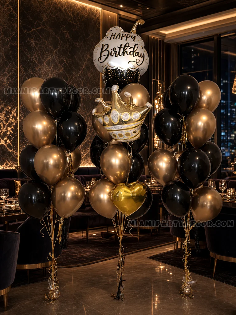Black and Gold Birthday Balloon Bouquet Setup