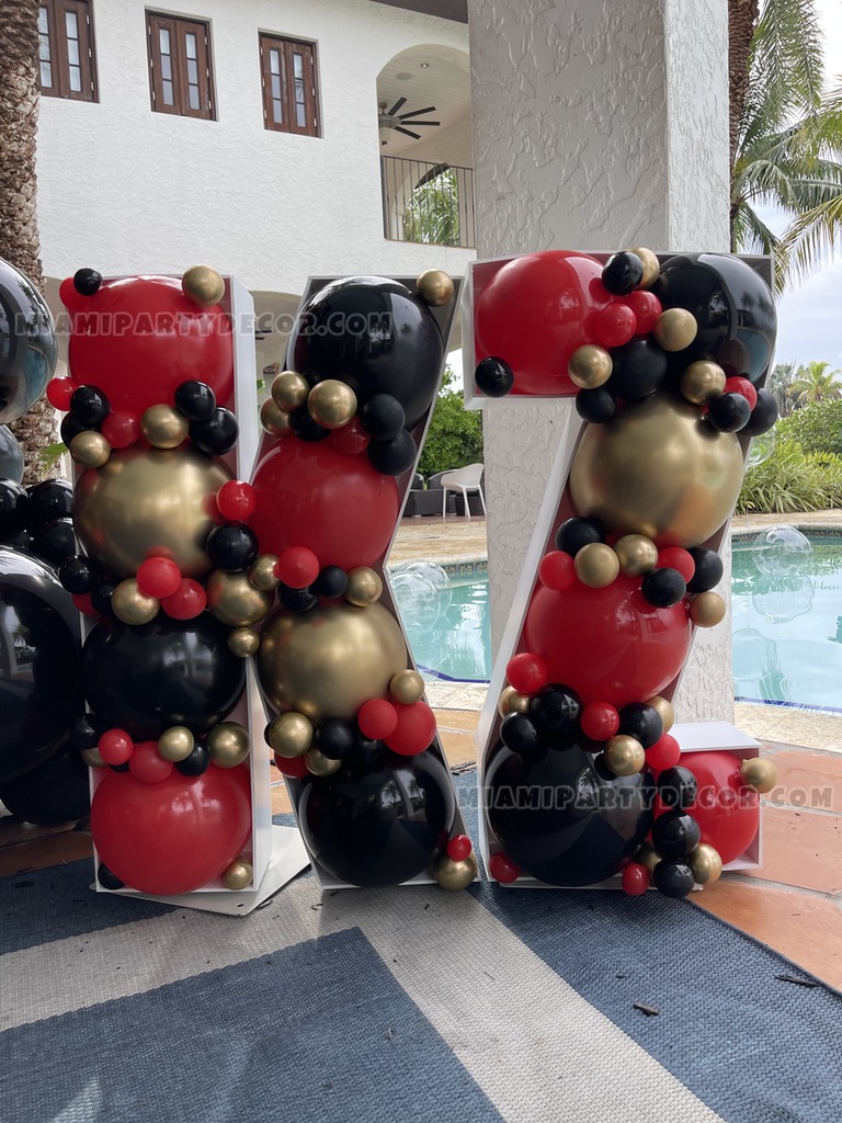 Black Shimmer Wall Backdrop with Red Gold Balloon Garland gallery image 3