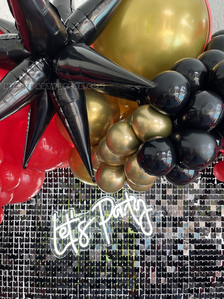 Black Shimmer Wall Backdrop with Red Gold Balloon Garland gallery image 5