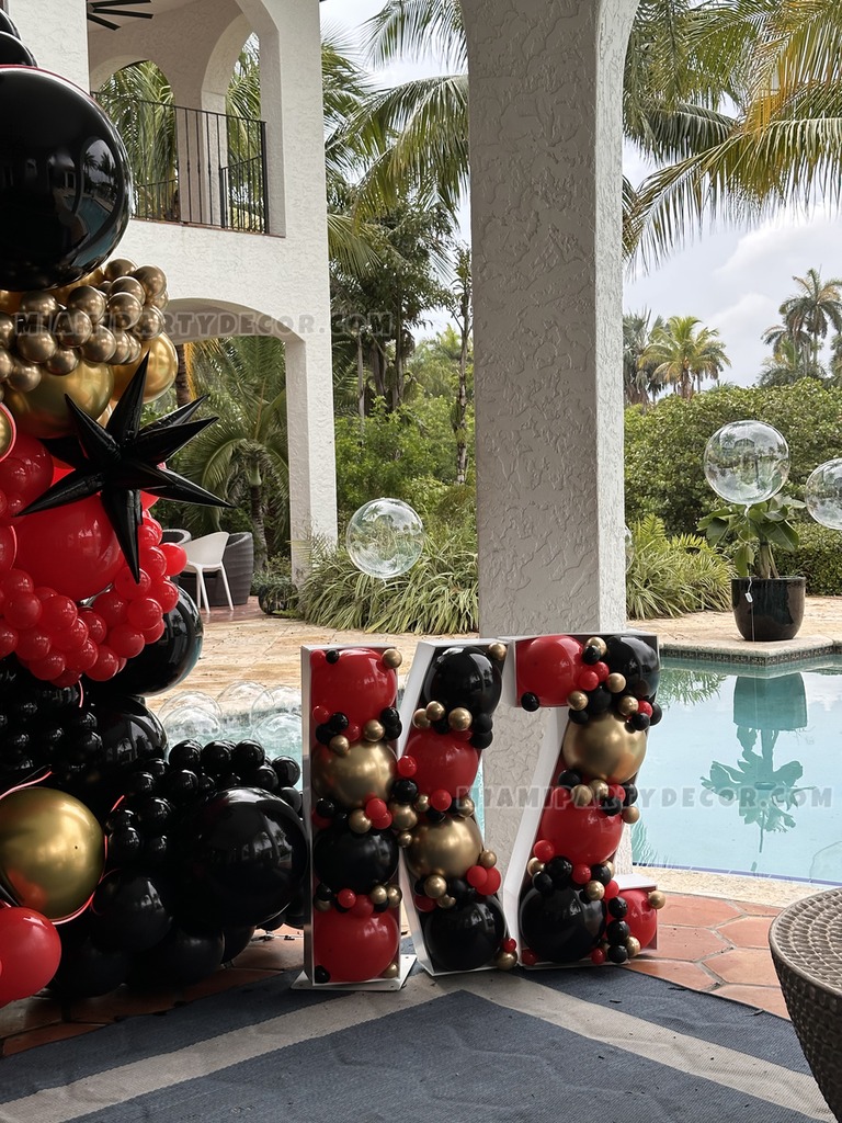 Black Shimmer Wall Backdrop with Red Gold Balloon Garland gallery image 6