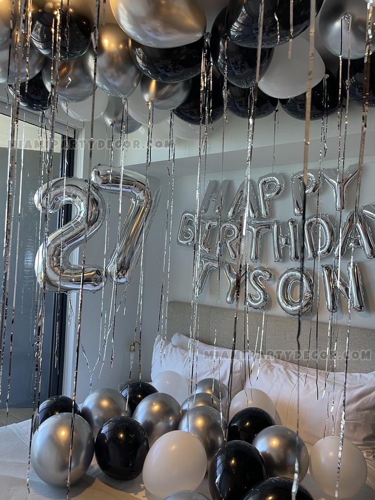 Black Silver 27th Birthday Room Balloon Decor Setup gallery image 2