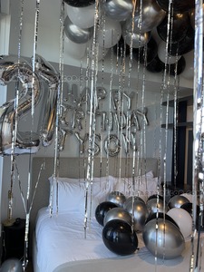 Black Silver 27th Birthday Room Balloon Decor Setup gallery image 3