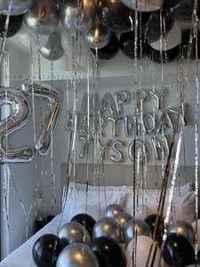 Black Silver 27th Birthday Room Balloon Decor Setup