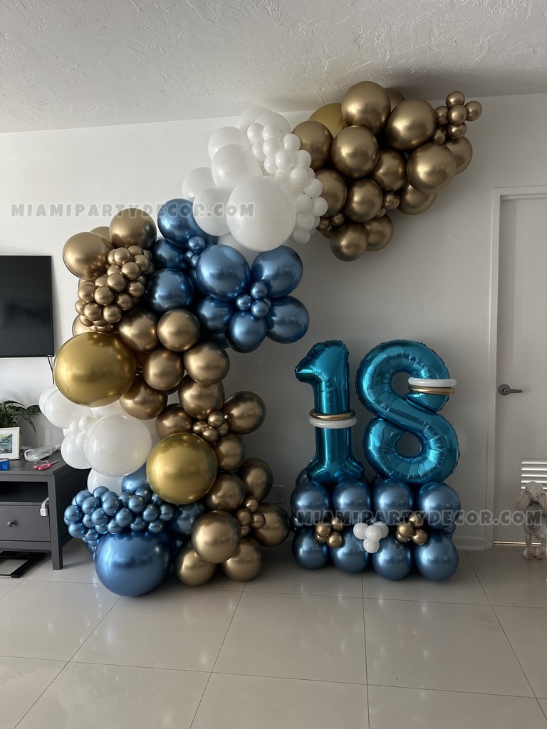 Blue Gold 18th Birthday Balloon Garland Setup gallery image 3