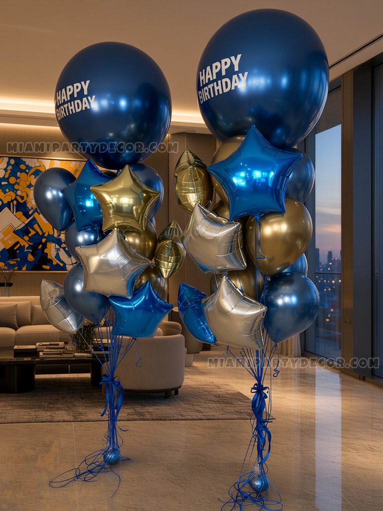Blue and Gold Birthday Balloon Bouquet Pair gallery image 3
