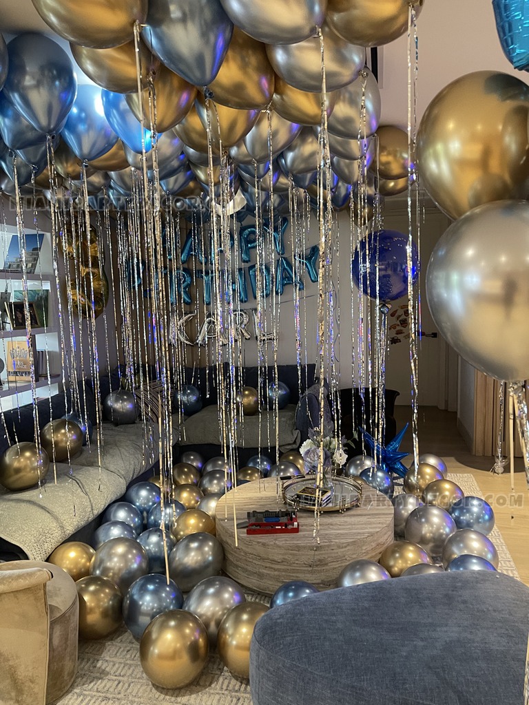 Blue Gold Birthday Room Balloon Decor gallery image 2