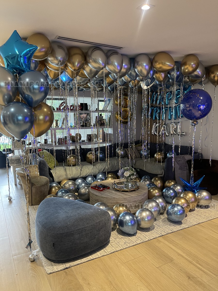Blue Gold Birthday Room Balloon Decor